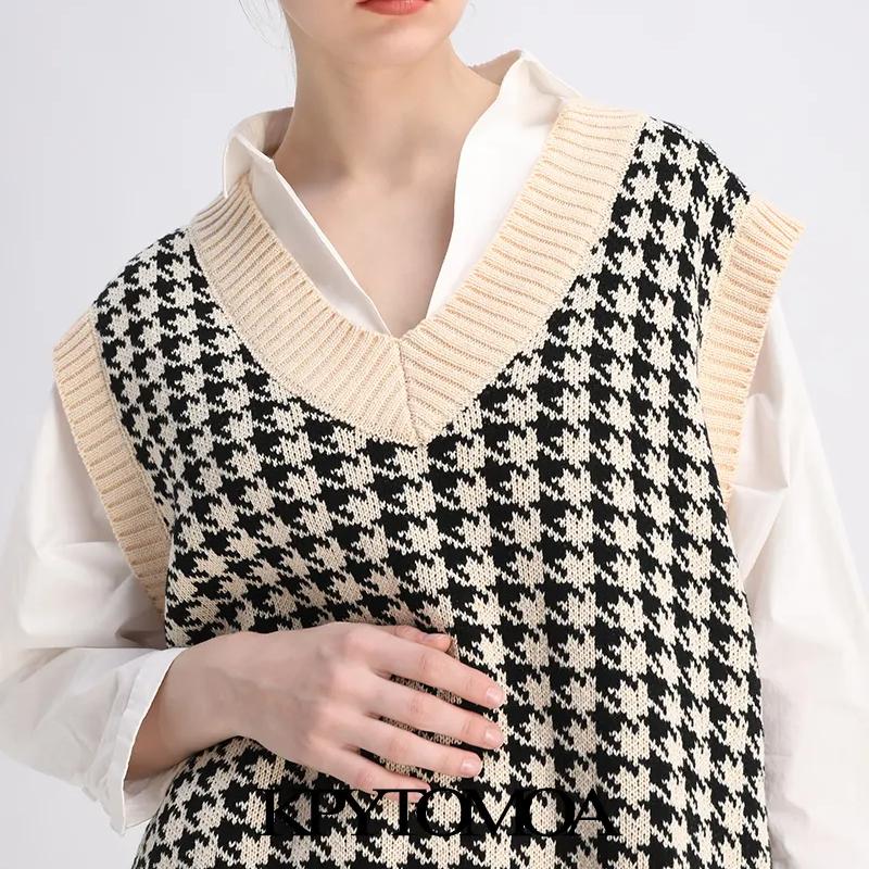 Dámská móda Oversized Houndstooth Kostkovaný svetr Pletená vesta Vintage Bez rukávů Boční rozparky Dámská vesta Elegantní topy
