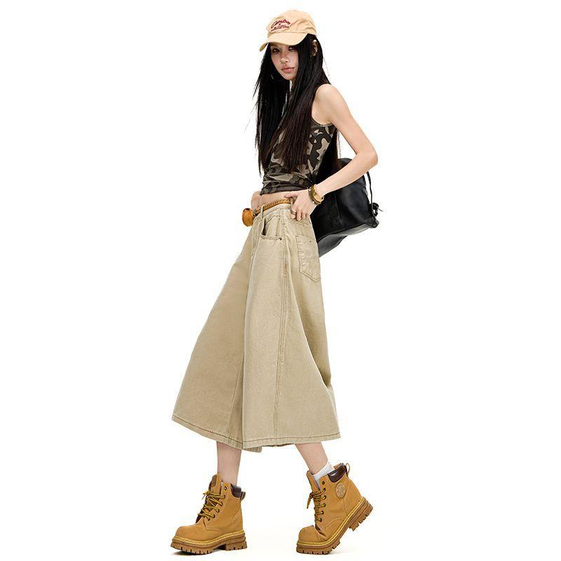 Fashion Summer Vintage Hong Kong Style Wide Leg Draped Straight Denim Cropped Capri Pants For Petite Girls Trendy Slimming FigureFlattering Design