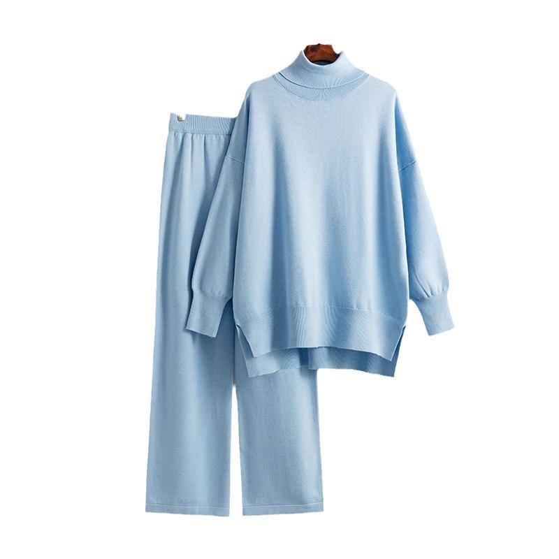 Turtleneck sweater set autumn and winter women's solid color slit sweater loose casual knitting two-piece set