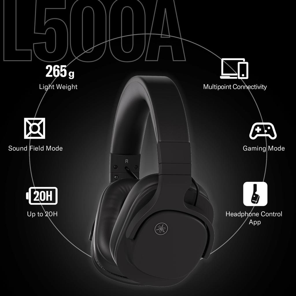 Yamaha YH-L500A(B) Wireless Headphones Gaming Mode, Listening Care, Multi-Point Connection, and Wired Connection Support, Black
