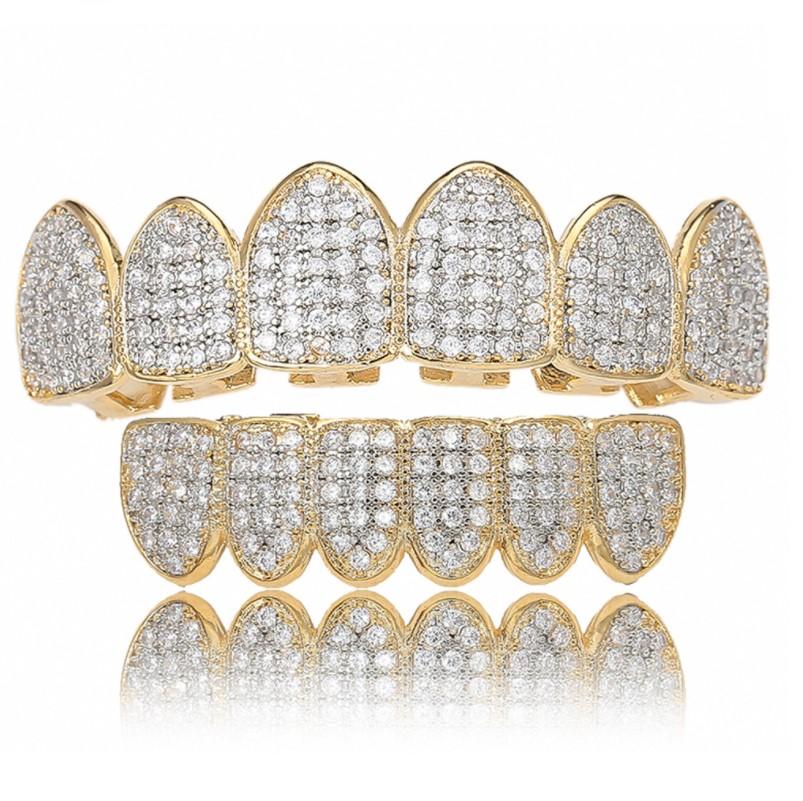 Hip Hop Iced Out Gold Teeth Grillz Set Zircon Jewelry Top Botom Grills Mens Body Bling Cubic Zirconia Jewelry