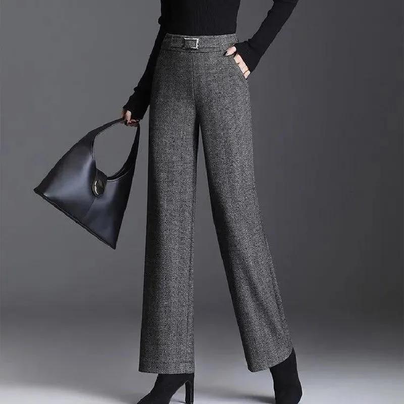 Women's Autumn   Winter Woolen High-Waisted Pants - Herringbone Elastic Waist Loose Straight-Leg Casual Trousers