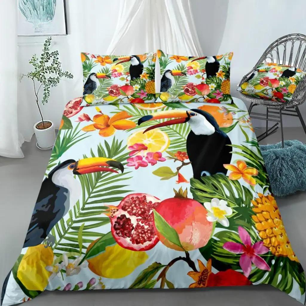 Tropical Birds Duvet Cover Watercolor Hummingbird Flowers Twin Bedclothes Exotic Wildlife White Abstract Polyester Qulit Cover