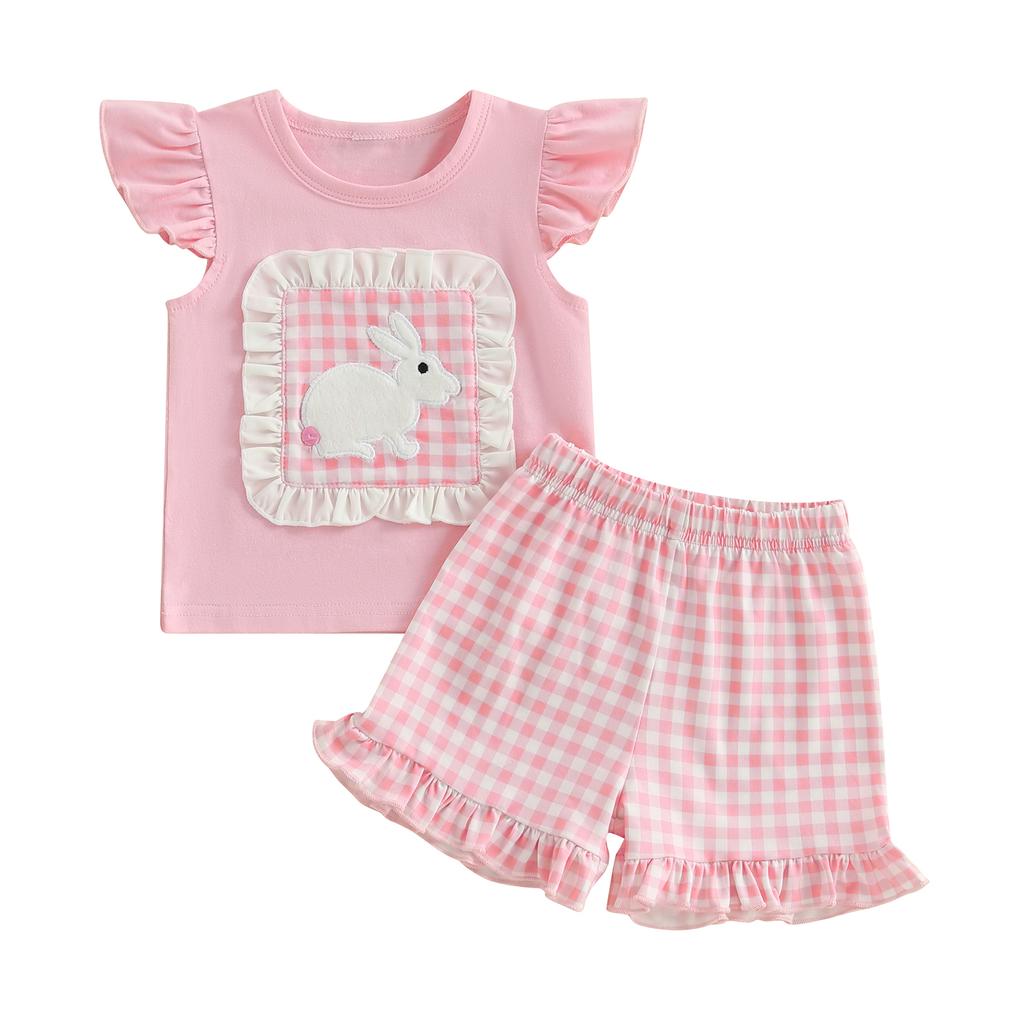 Girls Summer 2 Piece Outfits Short Sleeve Bunny Embroidery Tops Plaid Shorts Sets