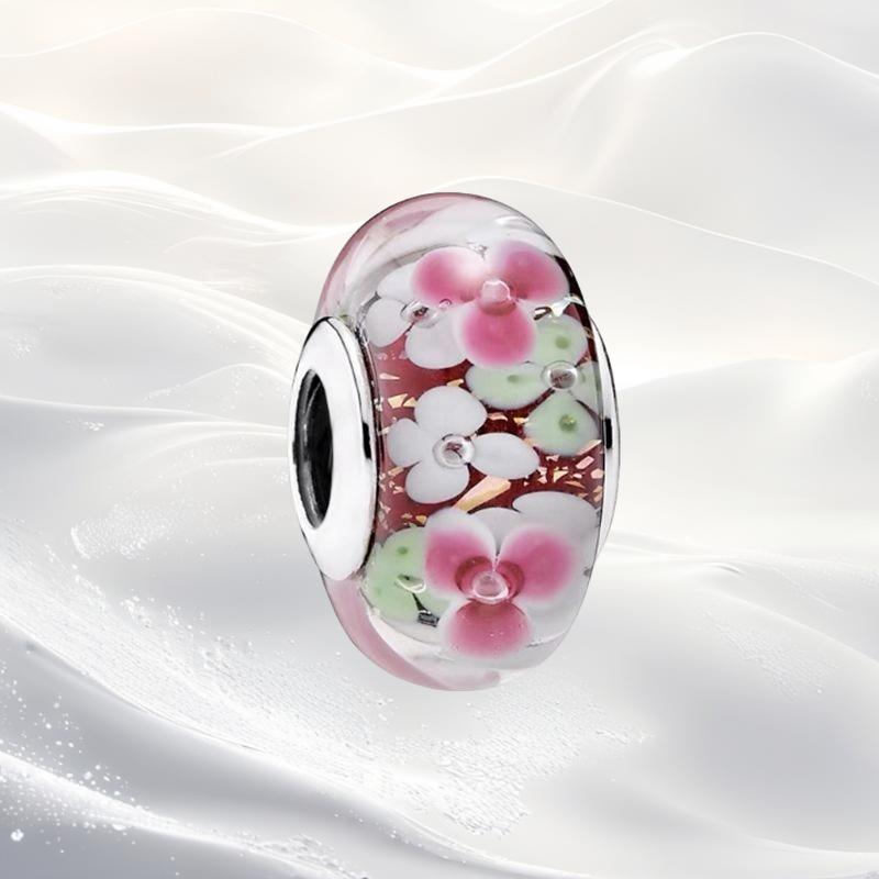 Cherry Blossom Flower Clip Charm Beads Dangle Fit Original Snake Silver Bracelet Necklace Bead For Diy Jewelry Women Gift
