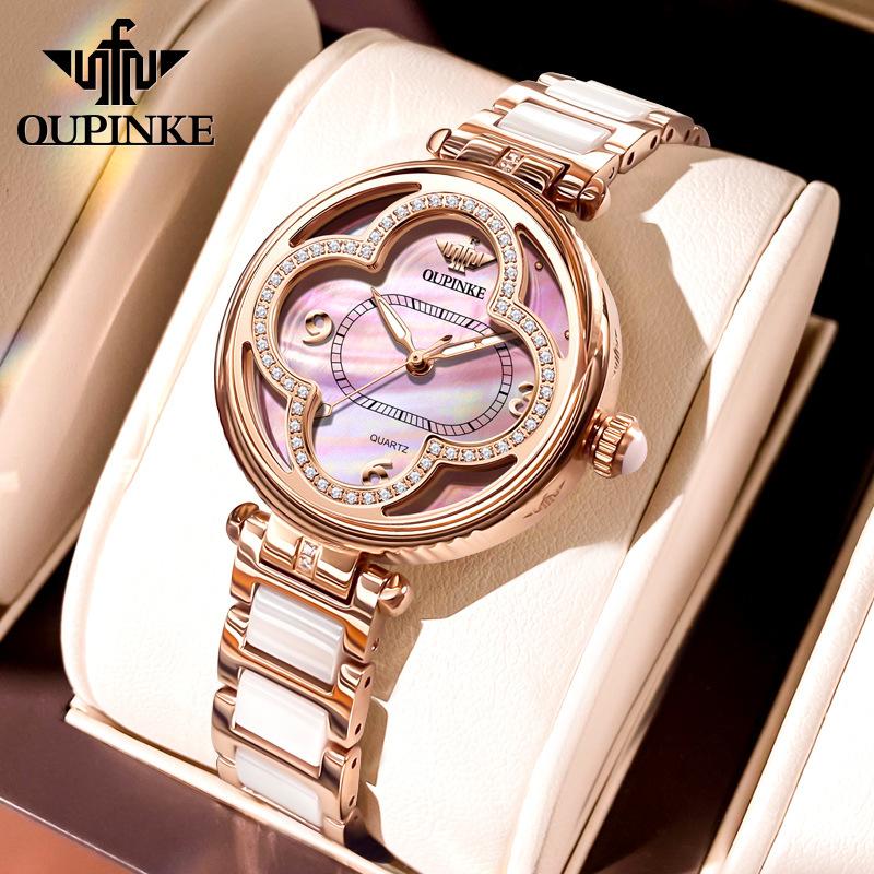 

Часы бренда OUPINKE женские, инкрустированные бриллиантами, четырехлепестковые кварцевые водонепроницаемые часы женские часы