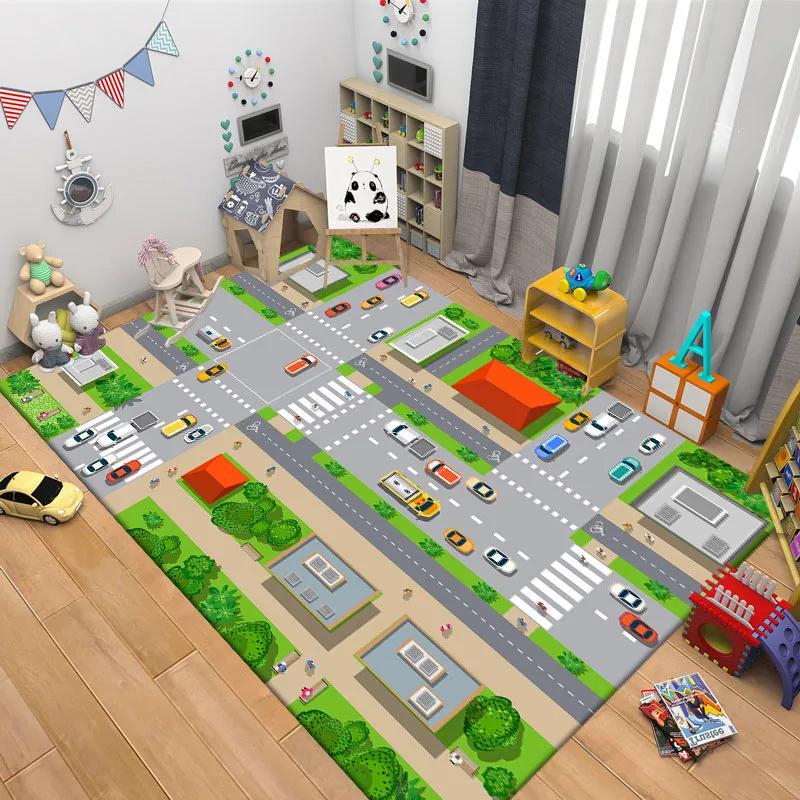 Kids Car Park Theme Crawling Carpets for Living Room Decoration Kids Bedroom Home Decor Sofa Carpet Non Slip Area Rug Floor Mat