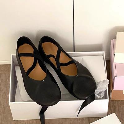 Versão em couro de vaca~ Couro genuíno nicho bico redondo cruzado faixa elástica sapatilhas planas sapatos Mary Jane sapatos de outono femininos