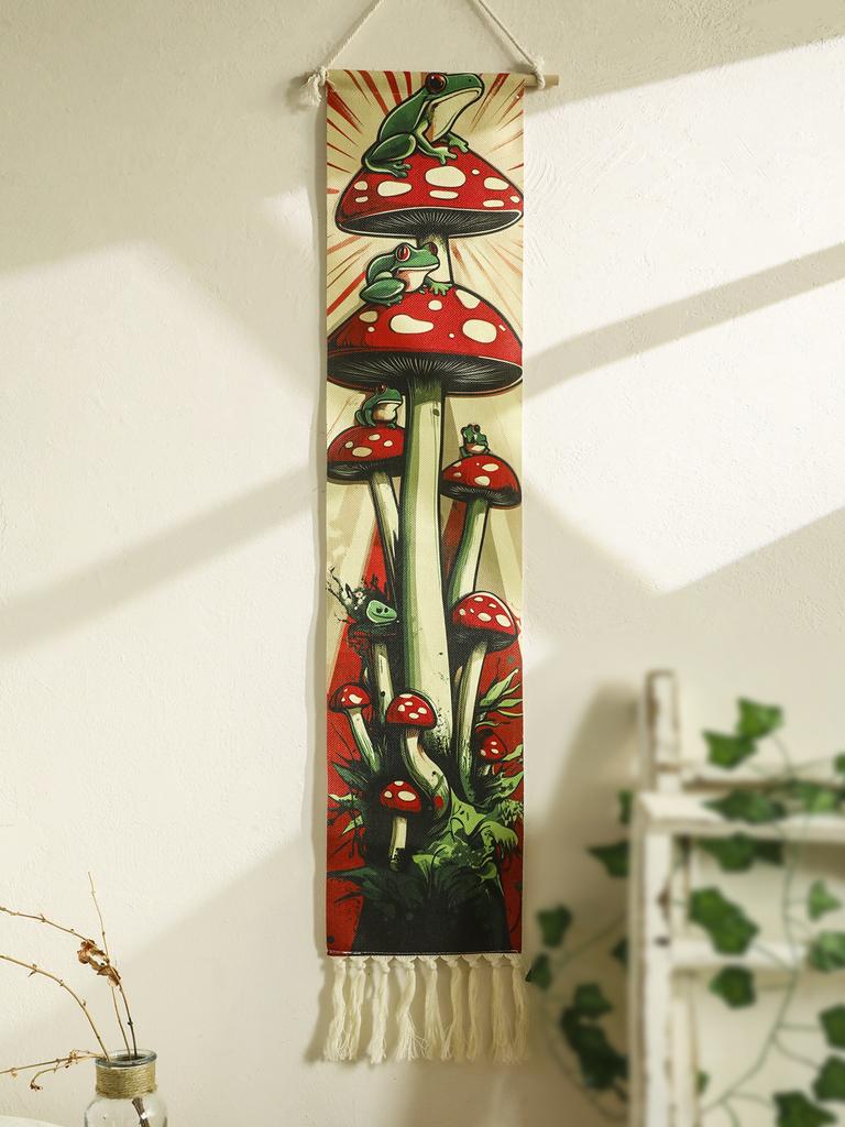 1pc Boho Mushroom and Frog Tapestry Wall Hanging, Retro Jungle Art Decorative Tapestry Banner,Wall Decor for Living Room Bedroom