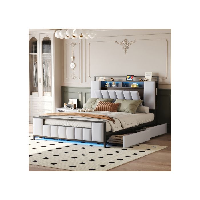 Lit Rembourré - MUVOE - 160x200 Cm - Éclairage LED - Prise USB - 4 Tiroirs Blancs