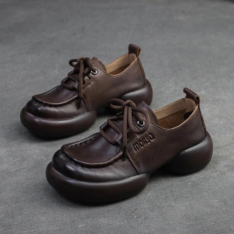 Johnature Pantofi de damă casual, cu șireturi, cu talpă groasă, retro, din piele naturală