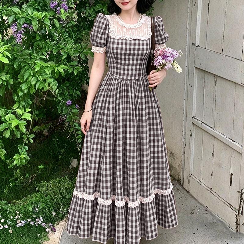 

ZANZEA Women Lace Splice Round Neck Casual Short Sleeve Grid Print Long Dress 2XL світло-коричневого кольору
