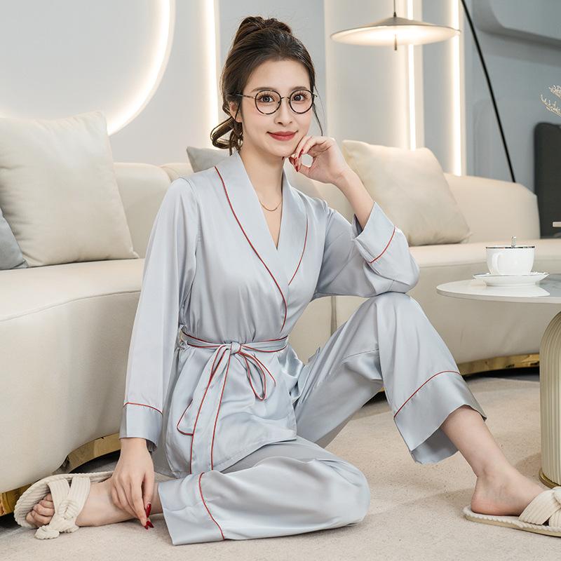 Satin-Pyjama für Damen, Herbst, neue langärmelige Strickjacke, Nachtwäsche, sexy Revers, Bademantel, Heimkleidung, lässige Nachtwäsche, zweiteiliges Set