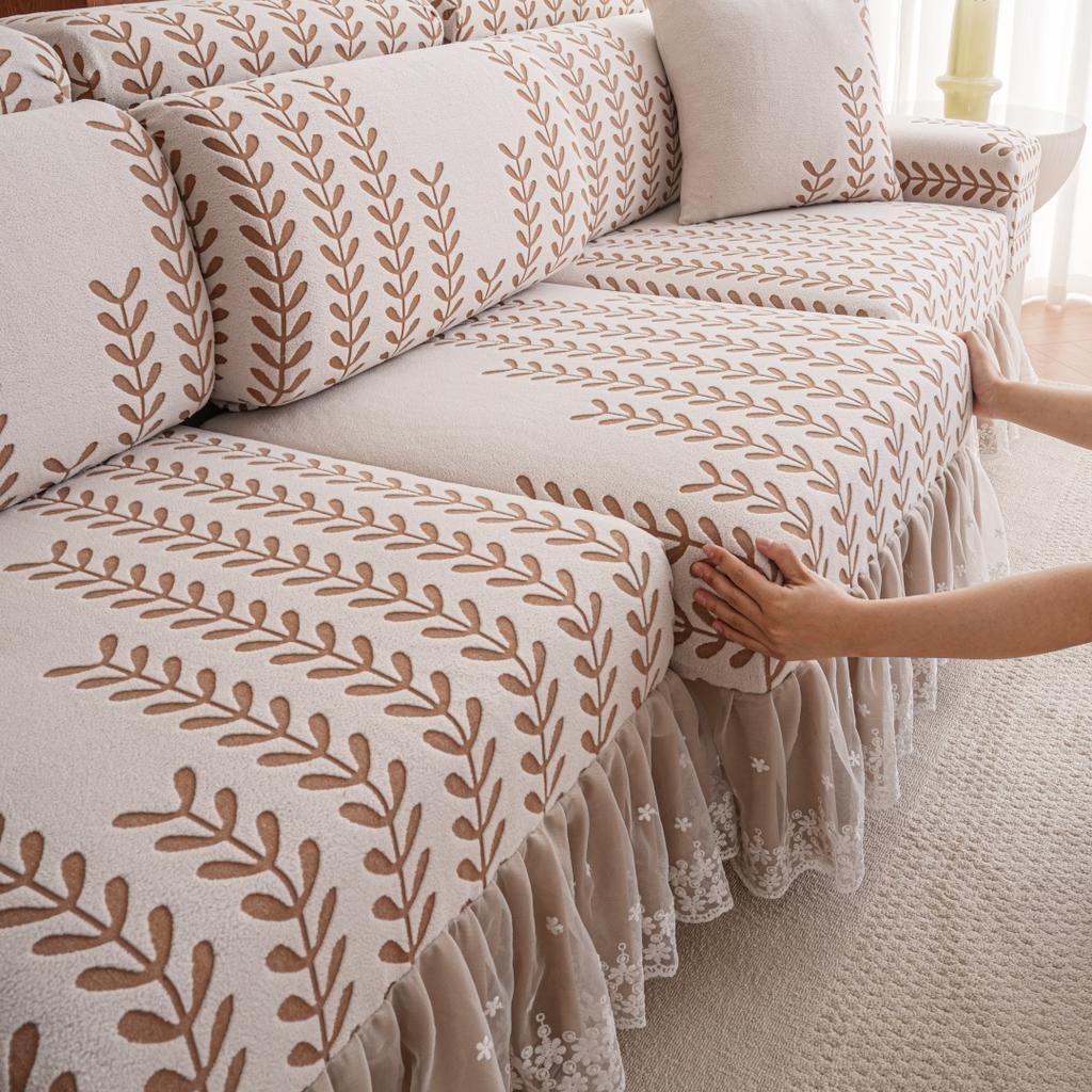 1Pc Wheat Jacquard Stretch Polar Fleece Sofa Cover With Lace Ruffle Hem Contrast Colour Sofa Slipcovers For Living Room Couch