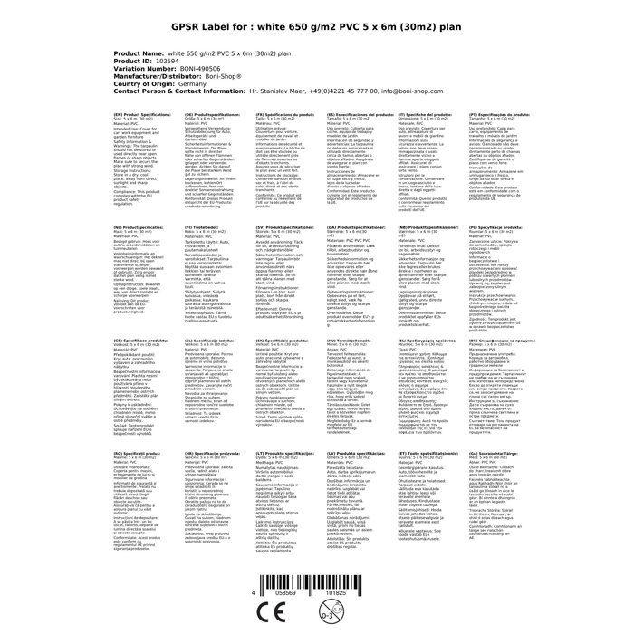 PVC Tarpaulin 650 G/m², Protective Tarpaulin 5x6m (30m²), White, Waterproof