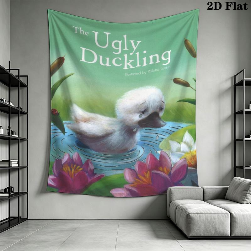 Die hässliche Entlein-Wandteppich, Trauriges Entlein auf Seerosenteich Aquarell Wandbehang, Märchen Wandteppich für Kinderzimmer