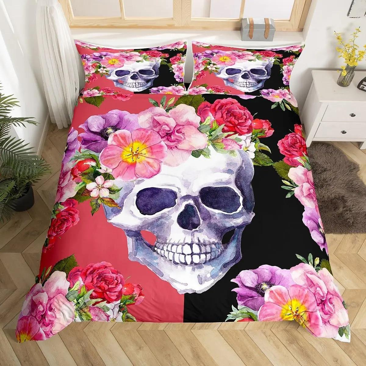 

Sugar Skull Duvet Cover Colorful Vintage Floral Bedding Set Hippie Mexico Style Comforter Cover Gothic Skeleton Quilt Cover EU Single(135*200cm)3pcs