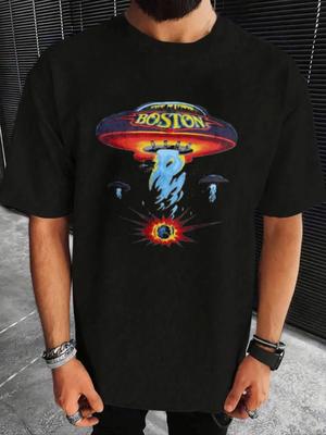 Classic 1987 Boston Rock Band Pattern T-shirt Featuring UFO and Don't Look Back Album Artwork, Retro 80s Music Enthusiast Out...