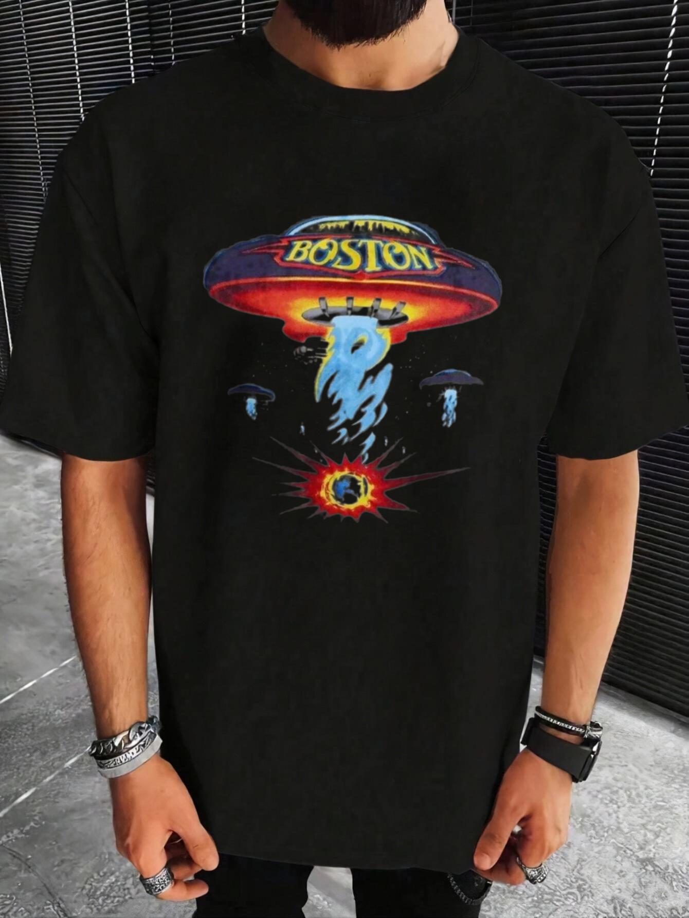 

Classic 1987 Boston Rock Band Pattern T-shirt Featuring UFO and Don t Look Back Album Artwork, Retro 80s Music Enthusiast Out... S разноцветный