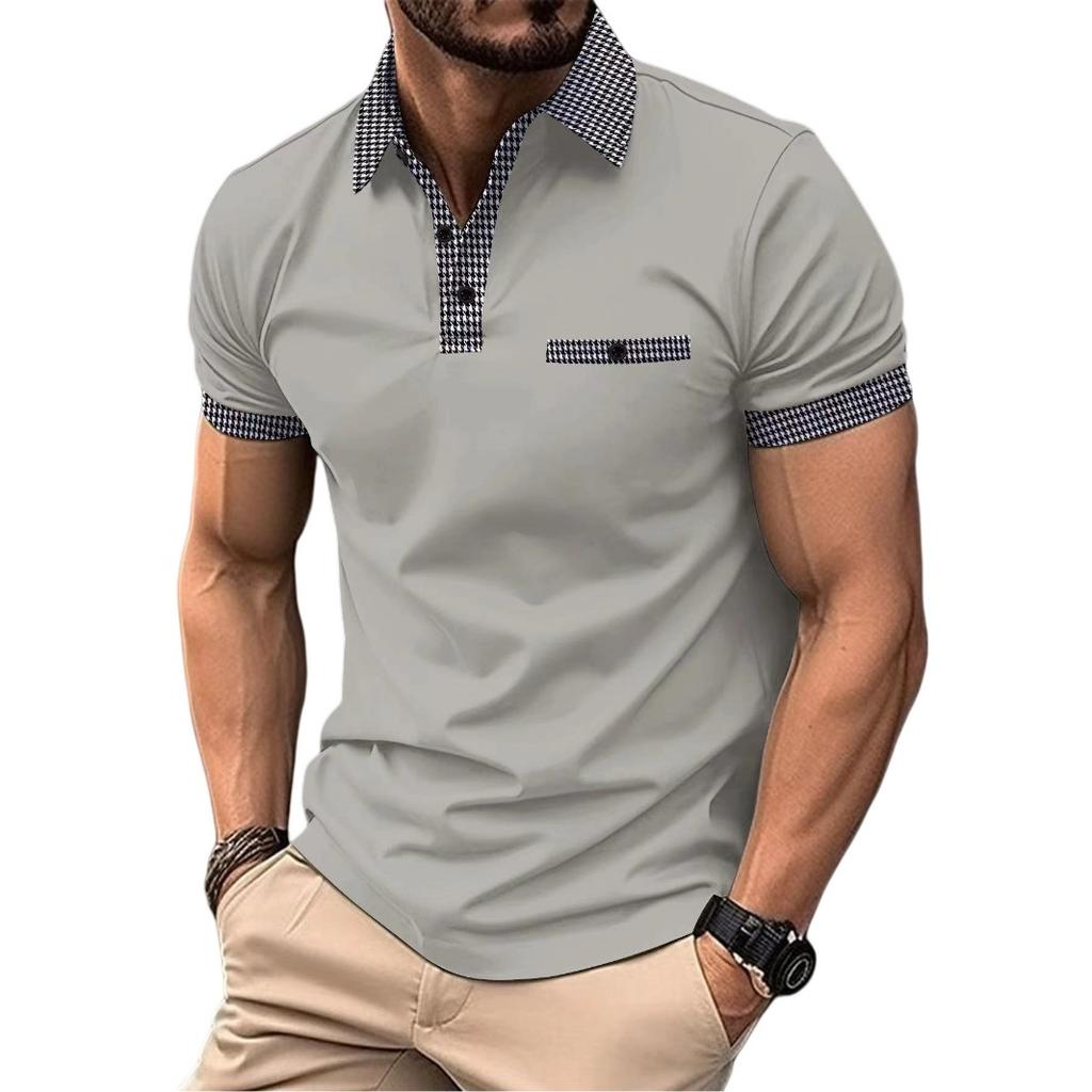 Men's Summer Fashion Loose Polo Shirts Short Sleeve Plaid Turn-down Collar T-shirt Top