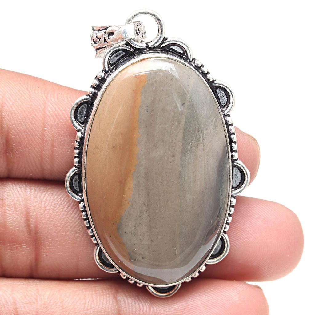 Pendant Polygram Jasper Gemstone Valentine'Day Gift Silver Jewelry 2.5"