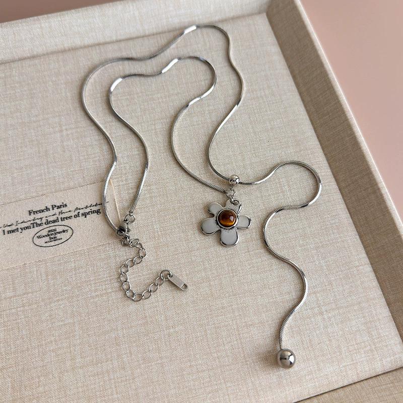 Spotted Tiger Eye Stone Mushroom Brown Heart Star Cross Flower Pendant Long Clavicle Chain Necklace Women Exquisite Accessories