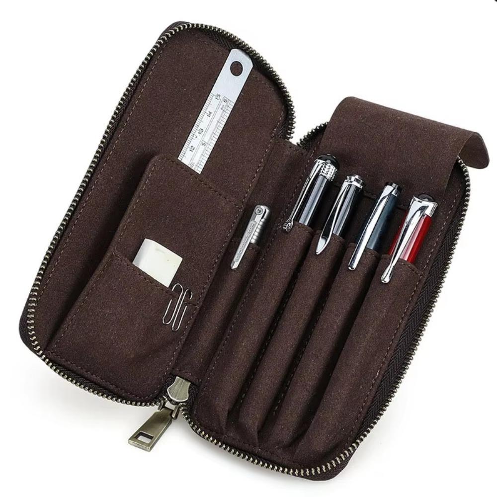 Vintage Style Genuine Leather Pencil Case 4 Slots Design Pen Case Pencil Bag Office Supplies