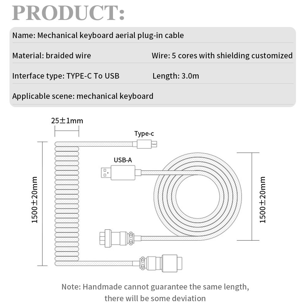3 Meter Mechanical Keyboard Coiled Cable Wire Type C Custom Usb Port Cable Aviator Coiling Cable for Gaming Keyboard Accessories
