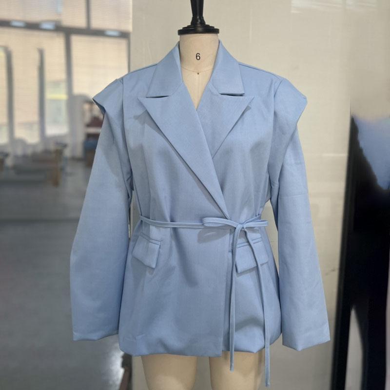 

Модний однотонний блейзер оверсайз на шнурівці для жінок, повсякденні однобортні піджаки з лацканами, жіночий верхній одяг з довгими рукавами та підплічниками M синій