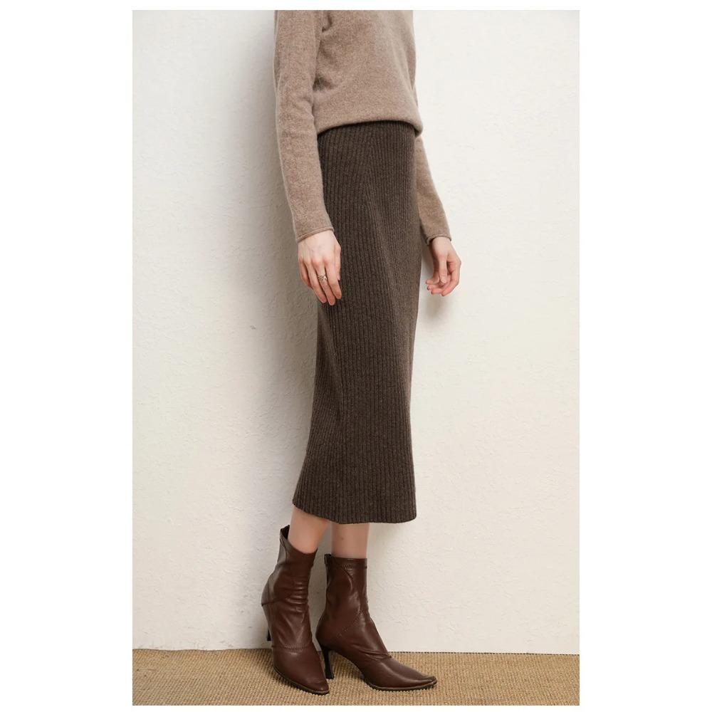 Women's Winter New-Style Wool Midi Skirt - High-Waisted Thick Ribbed Knit Pencil Skirt