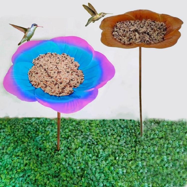 Elegant Flower Shaped Bird Birdbaths Bowl with Stake for Treat Water Sand