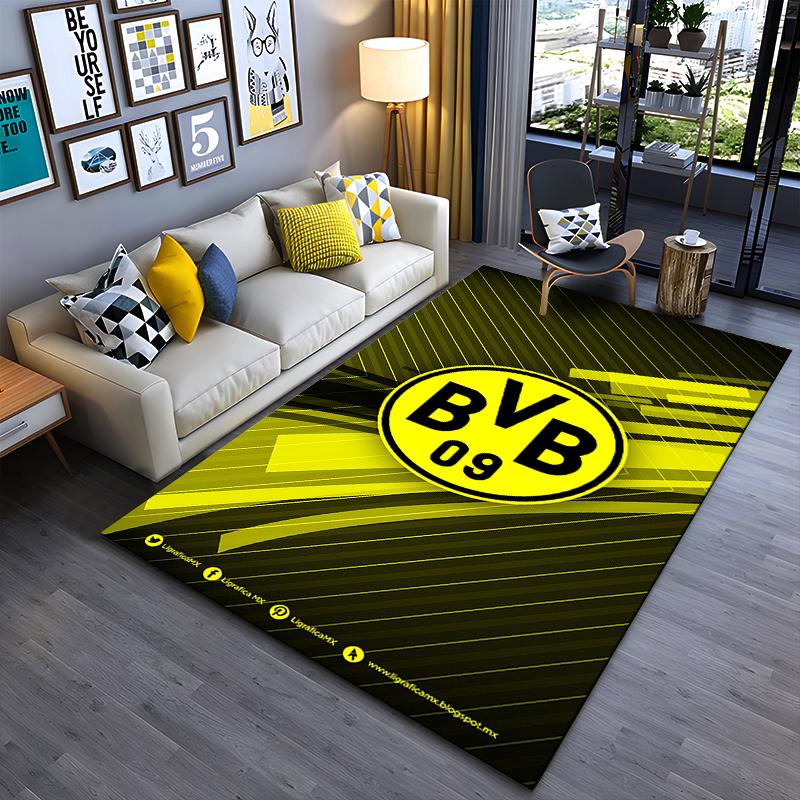 Fußballverein Teppich, Borussia Dortmund BVB 09 Gelb Schwarz Abstraktes Wappenmuster, Fußballfan Fanartikel Zimmerdekoration, Rutschfeste Matte
