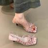 Temperament Side Empty Open-toed Sandals Women's 2025 Summer New French Retro Bow Square Head Stiletto High Heels Women