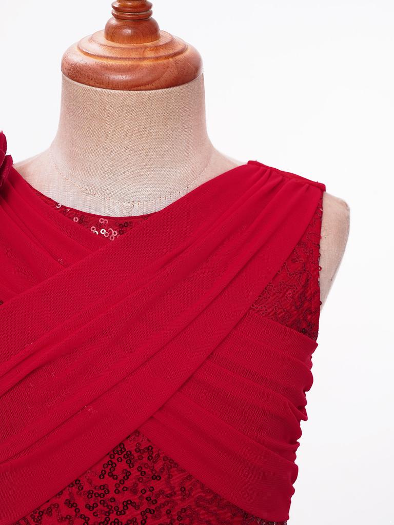 Girls Shiny Sequins Lyrical Dance Dress Ruched Sheer Mesh Overlay Crisscross Back Sleeveless Asymmetrical Skirted Leotard