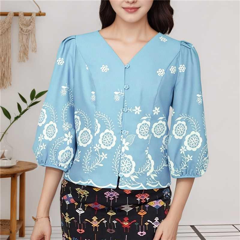 

ZANZEA Женская повседневная блузка с V-образным вырезом, рукавом 3/4 и свободным принтом 5XL синий