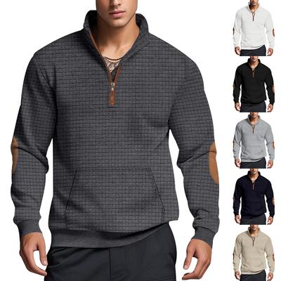 Fashionable Men's Casual Sweatshirt with Jacquard Small Check Embroidered Patchwork Stand Collar Loose-Fit Top