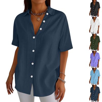 Blusa de Mujer de Color con Botones, Cuello Camisero y Mangas Cortas