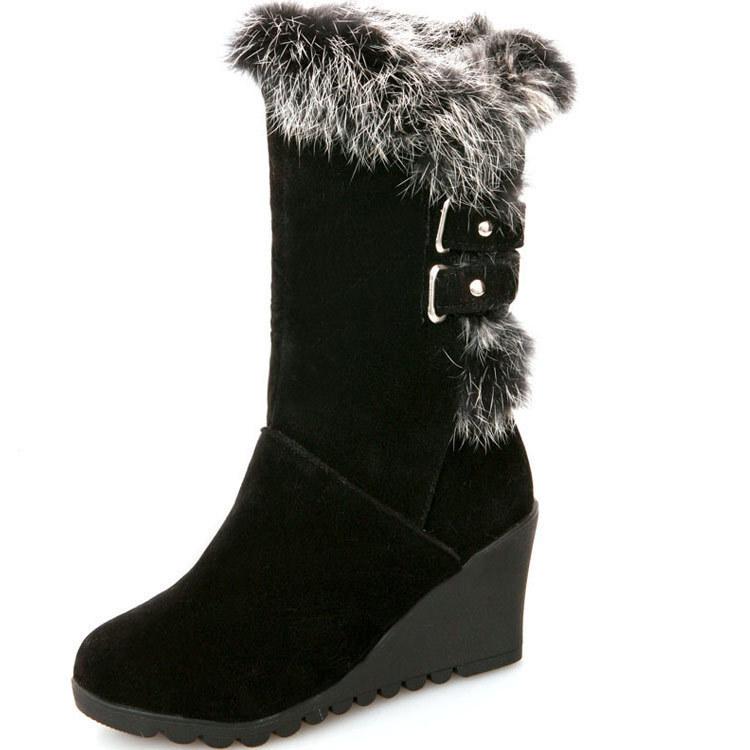 Wedge Heel Wool Cotton Boots, Rabbit Fur Wedge Heel Medium Boots, Thickened Warm Winter Boots for Women, Join
