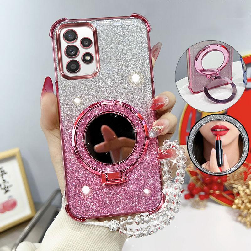 

Glitter Four-Corner Shockproof Phone Case with Mirror Stand Beaded Strap For Samsung Galaxy A57 A37 A17 A56 A36 Back Cover Case Galaxy A57