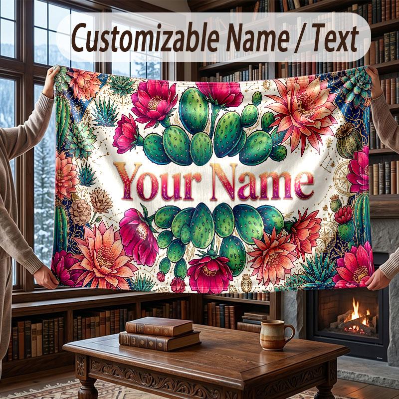 Floral Garden Theme Throw Blanket Custom Name Text Personalized Blanket Soft Cozy Blanket for Home Sofa Bed