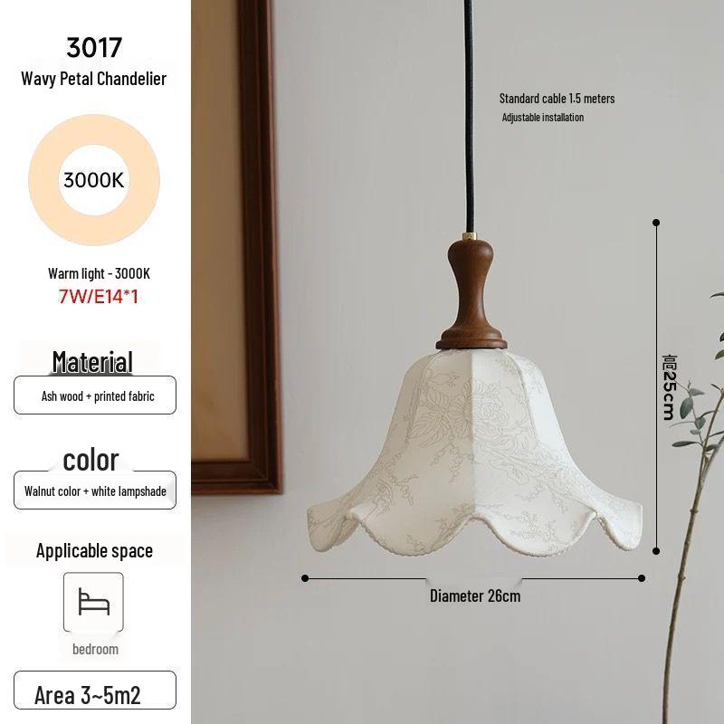 

French Mid-Century Cream Pendant Lamp - Retro Petal Fabric Style for Cozy Bedroom Ambiance