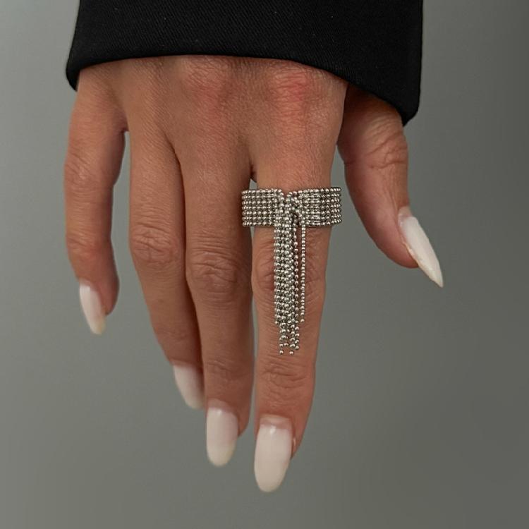 Party Outfit Ring with Flowing Drop Detail, Bead Chain Statement Design and Open Metal Tone Fit for Streetwear