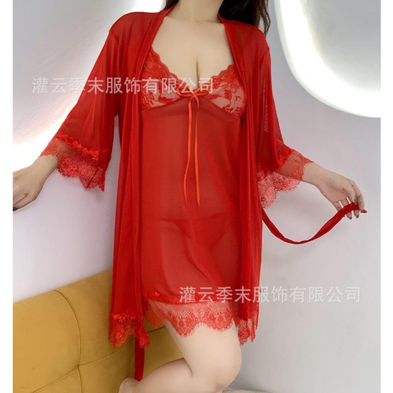 Sexy Underwear, Sexy Lace Suspender Skirt, Mesh Perspective Women's Transparent Robe, Flirting Loungewear Set