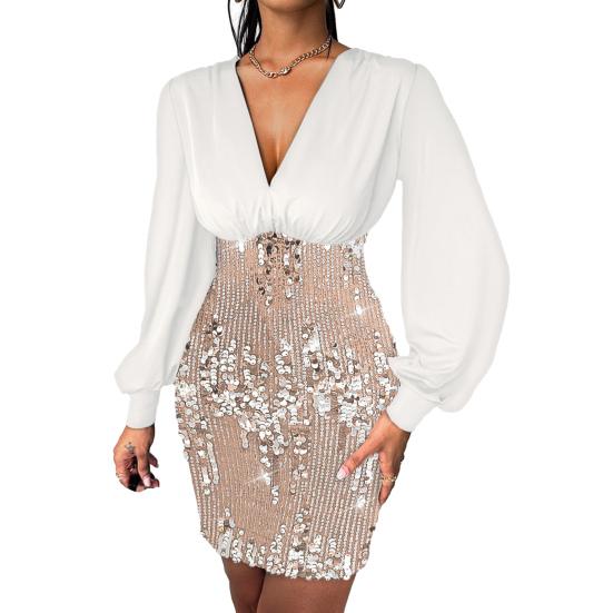 

2024 женское платье с пайетками и глубоким v-образным вырезом в стиле пэчворк с длинным рукавом и высокой талией, облегающее мини-платье в тон, соответствующего цвета, для клубных вечеринок S шампанского