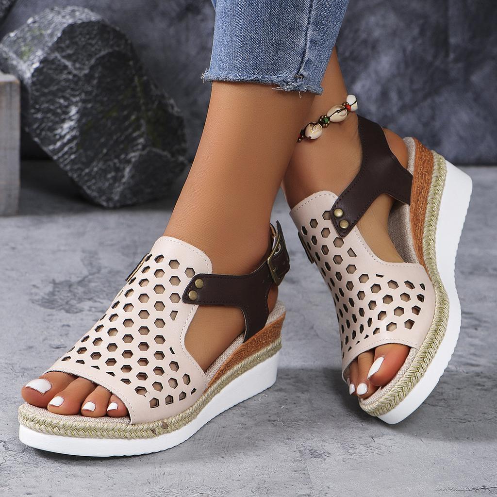 Large Size Spring and Summer New Hemp Rope Wedge Heel Women's Sandals Casual Hollow Fish Mouth Flat Bottom Buckle Beach Sandals