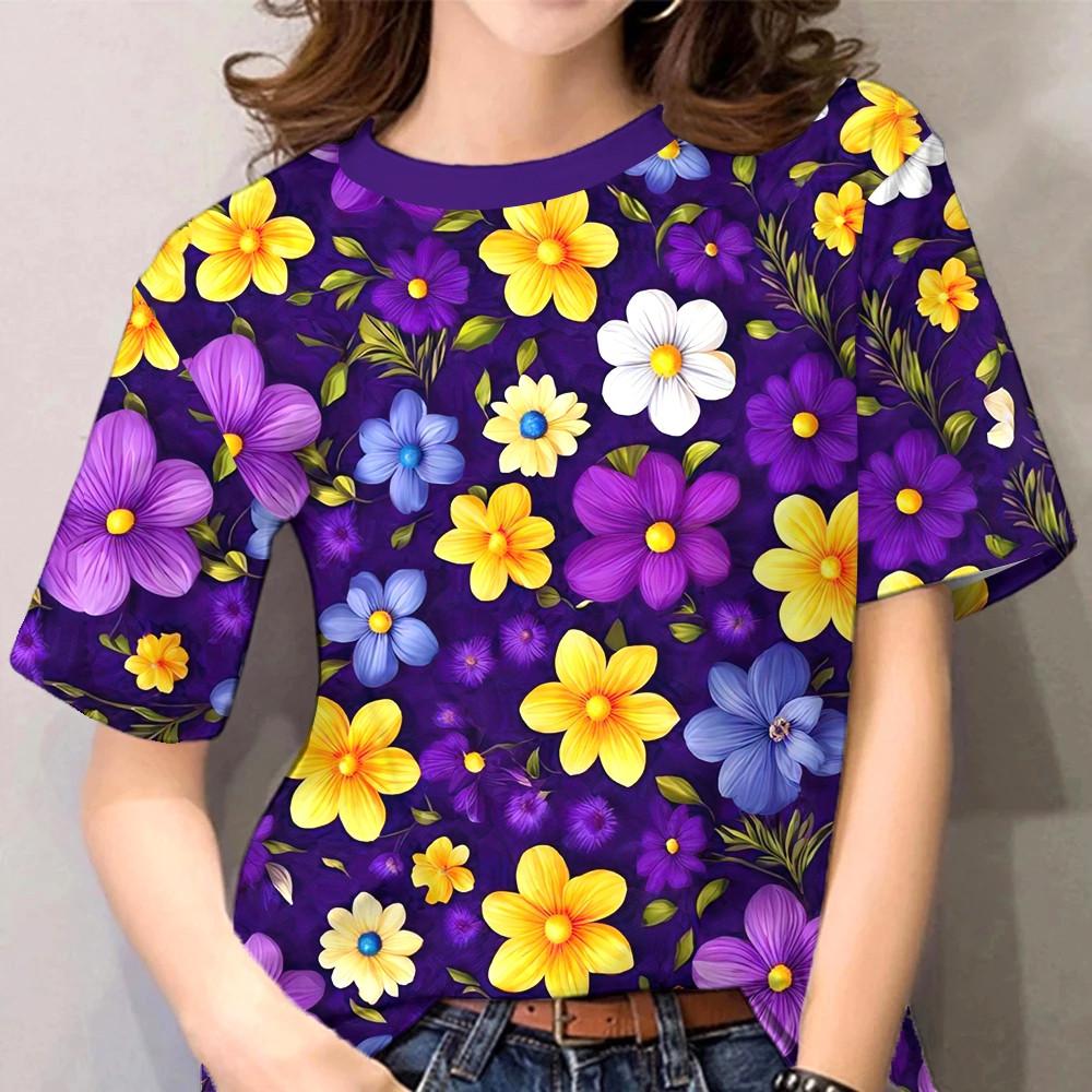 Women's summer 3D floral T-shirt with purple floral print casual short sleeved T-shirt