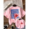 Kids Crewneck Short Sleeve T-Shirt, Fresh Ocean Red Blue Contrast Crab & Brush Stripe Print
