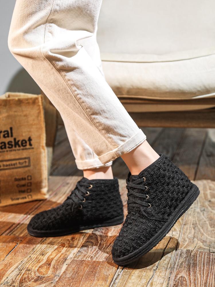 Johnature Casual Women's Short Boots Plush Warm Cotton Shoes Handmade Soft Sole Lace-up Cloth Shoes