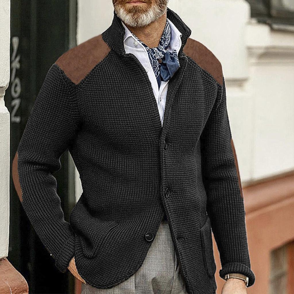 Men's Cardigan Color-Blocked Slim-Fit Stand-Collar Long-Sleeve Knitted Outerwear