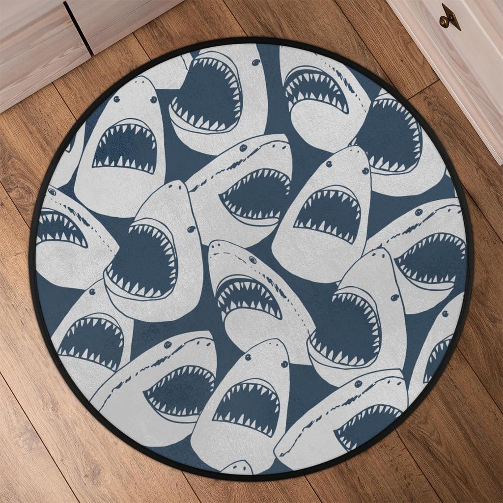 Ocean Animal Shark Patterns Round Rug,Washable Soft Circular Floor Mat, Non Slip Low Pile Area Rugs for Kids Bedroom Bathroom